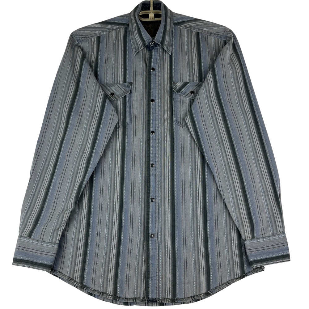 Blue Pronto Uomo Western Shirt Mens Medium (M) Striped Snap Button Long Sleeve